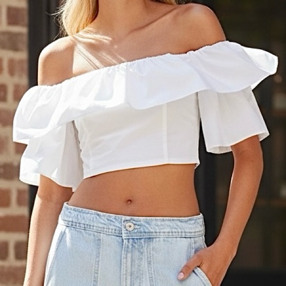 Zara Tops - Zara Cropped Blouse Women’s Off-Shoulder White Cotton Ruffle Top Sz M